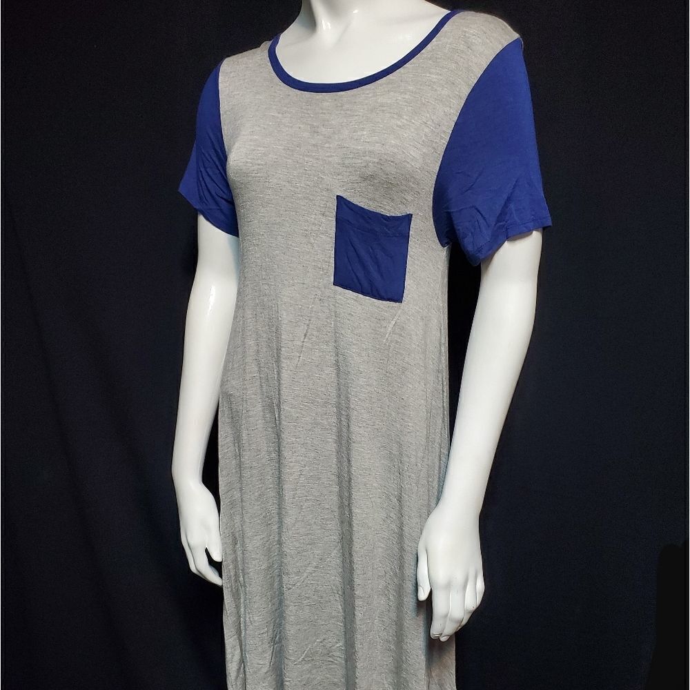 LuLaRoe Carly Gray & Blue T-Shirt Dress with Pocket (XXS)